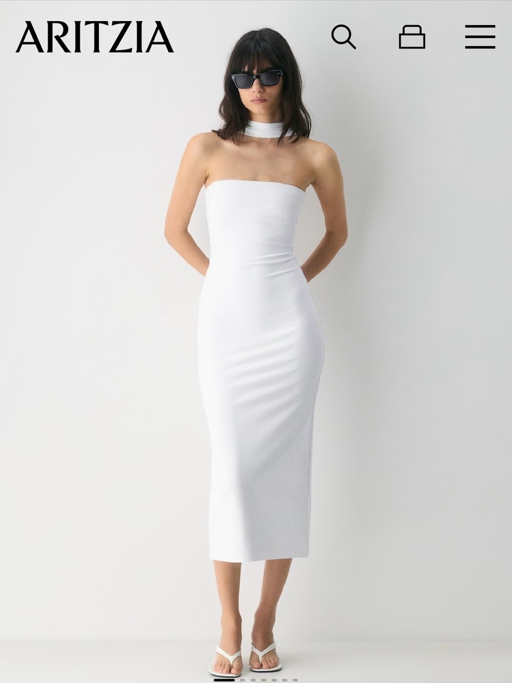 Aritzia White Strapless Midi Dress with Choker Neck
